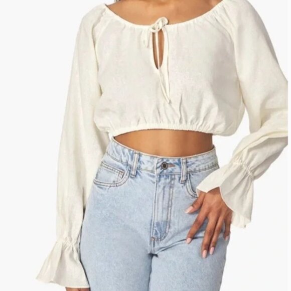 NEW WeWoreWhat On/Off Shoulder tie front LINEN Blend top - Picture 1 of 12
